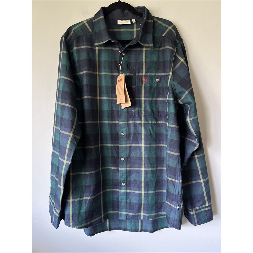 Fjallraven Flannel Shirt Men XXL 2XL Arctic Green Navy Fjallglim Plaid Cabincore